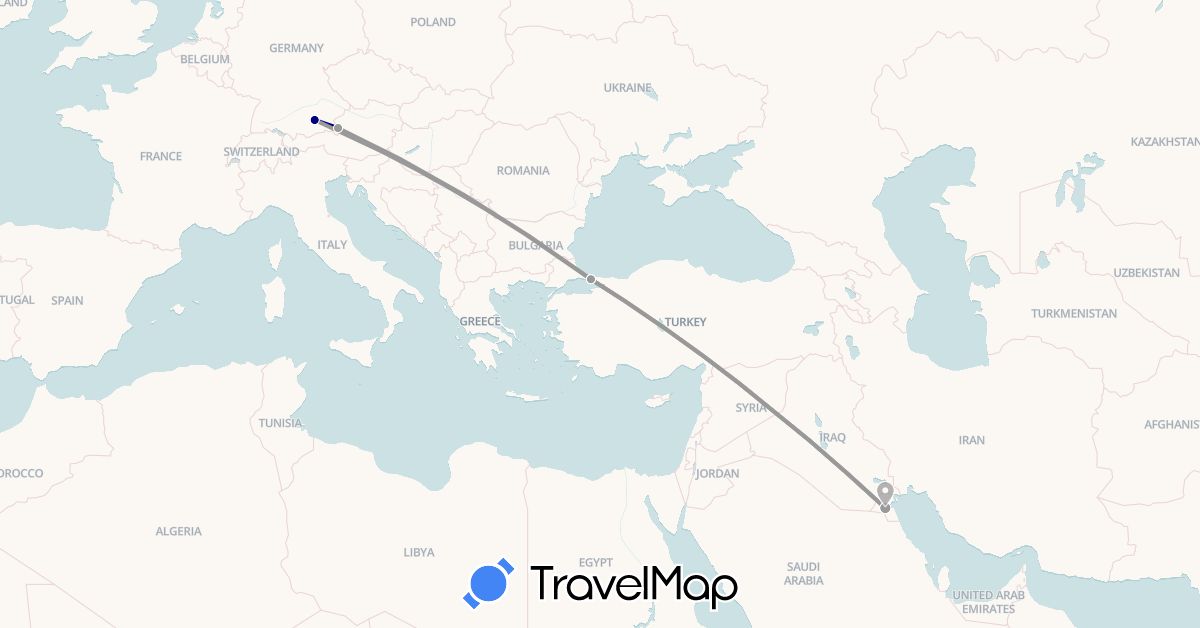 TravelMap itinerary: driving, plane in Austria, Germany, Kuwait, Turkey (Asia, Europe)